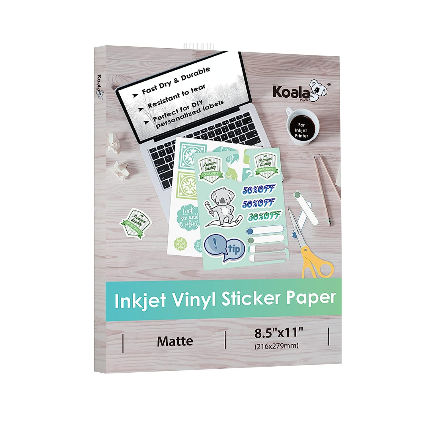 Koala - Papel adhesivo de vinilo imprimible para impresora de inyección de  tinta, 50 hojas de papel adhesivo de vinilo blanco mate, papel adhesivo