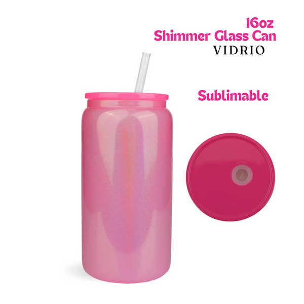 Shimmer Glass Can | Tapa y carrizo de plástico | 16oz | Hot Pink