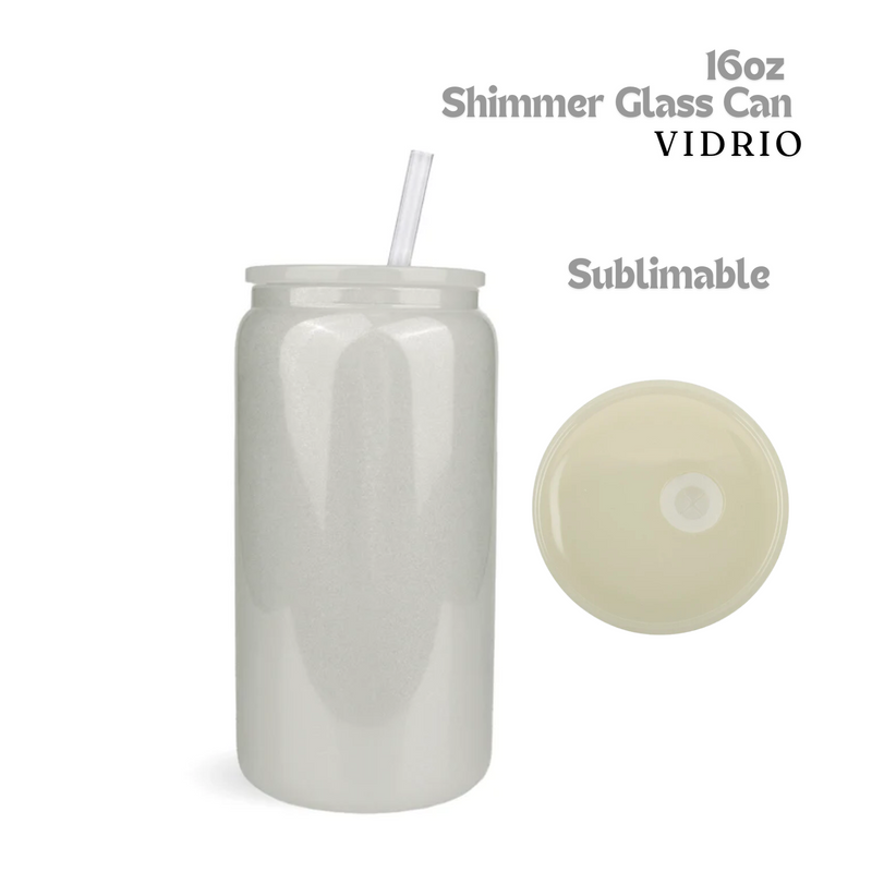 Shimmer Glass Can | Tapa y carrizo de plástico | 16oz | White