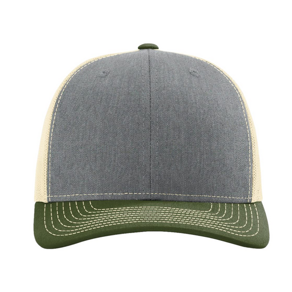 Richardson 112 | Adjustable Snapback Trucker Cap | Heather Grey/ Birch/ Army Olive