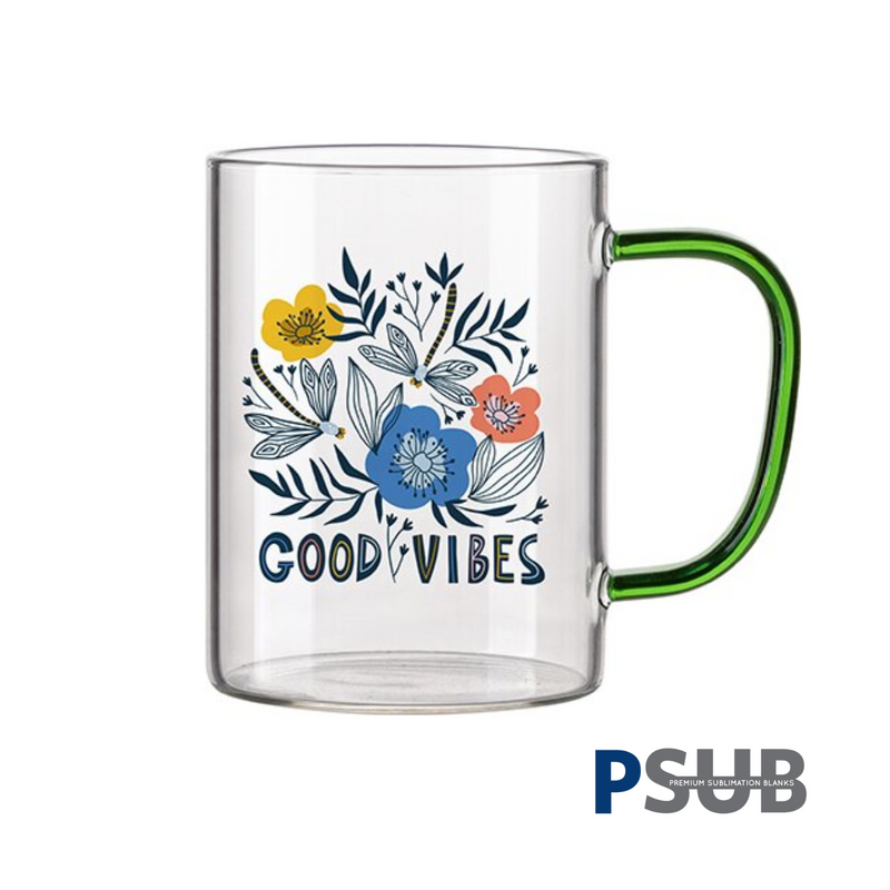 Taza de Vidrio de 15oz - Clear / Transparente con Asa Verde Claro