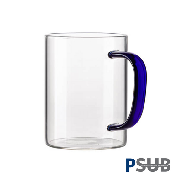 Taza de Vidrio de 15oz - Clear / Transparente con asa azul oscuro