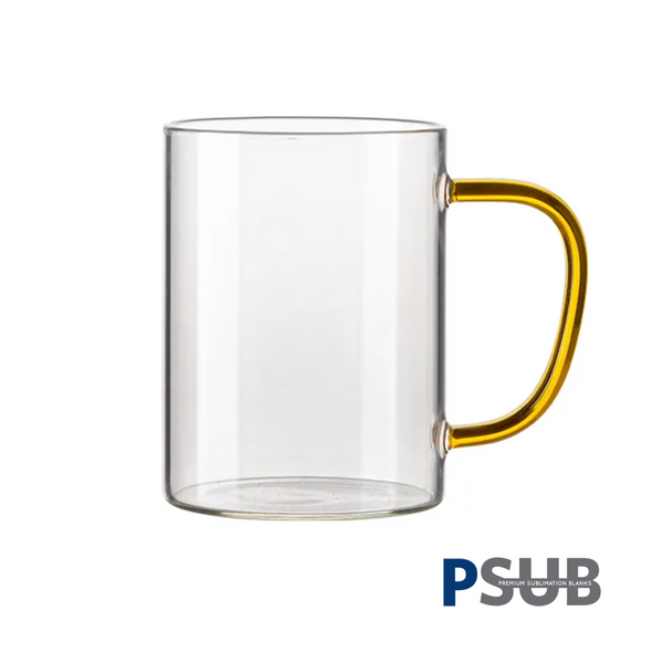 Taza de Vidrio de 15oz - Clear / Transparente con Asa Amarilla