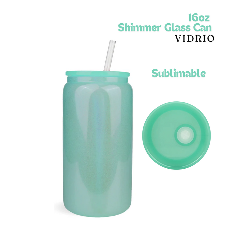 Shimmer Glass Can | Tapa y carrizo de plástico | 16oz | Mint