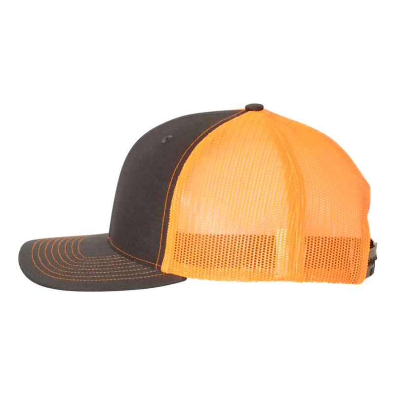 Richardson 112 | Adjustable Snapback Trucker Cap | Charcoal & Neon Orange