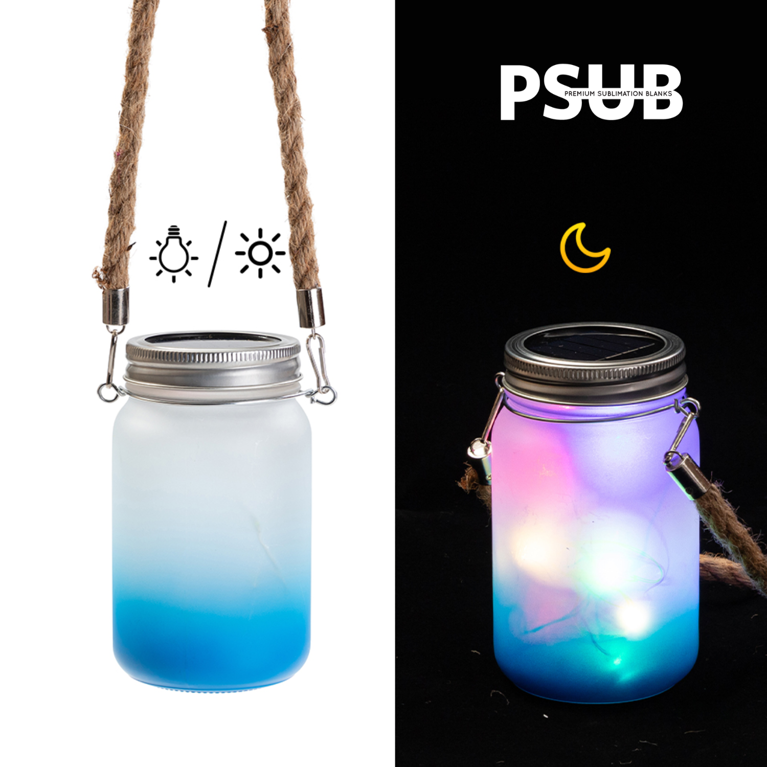 Mason Jar de Vidrio | Con luces y cuerda | Frosted con degradé celeste | 15 oz