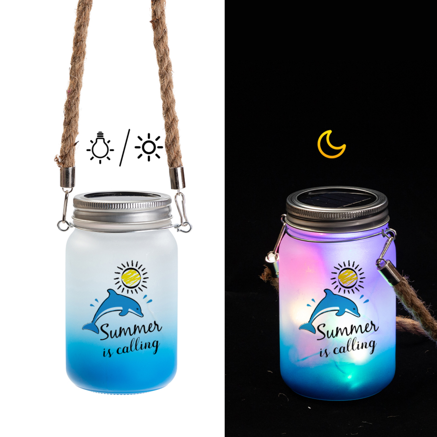 Mason Jar de Vidrio | Con luces y cuerda | Frosted con degradé celeste | 15 oz