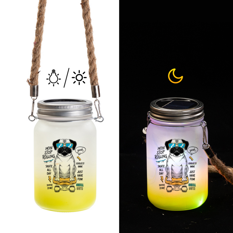 Mason Jar de Vidrio | Con luces y cuerda | Frosted con degradé amarillo | 15 oz